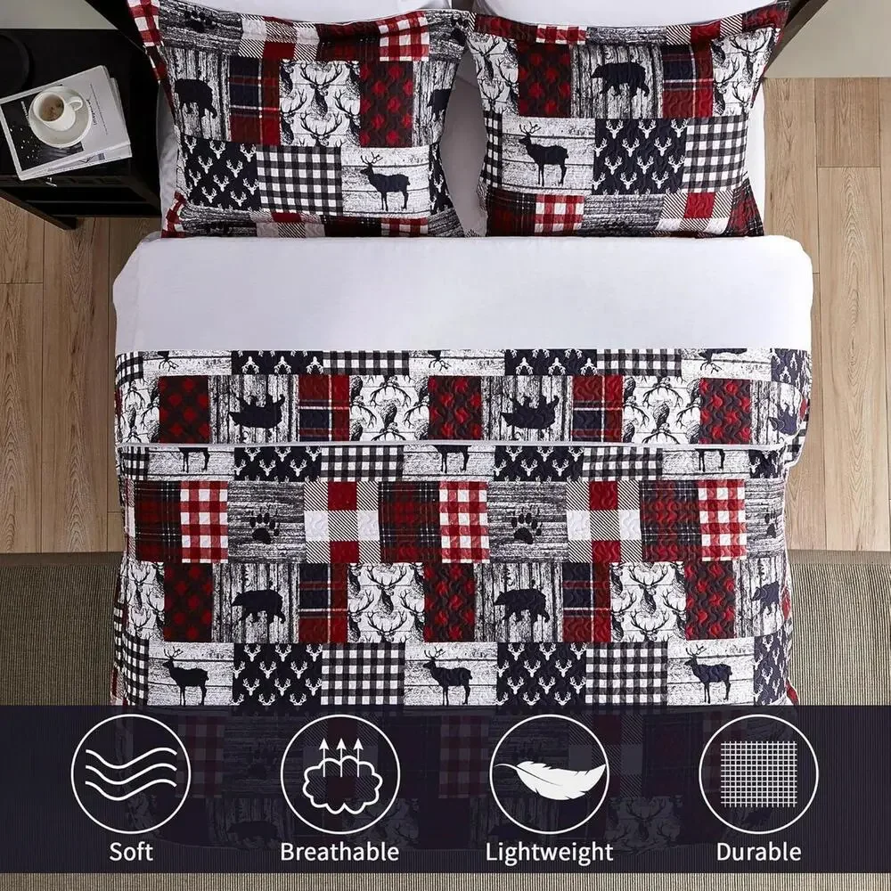 KING Comforter Set Cabin Country Deer Quilt Coverlet 3Pcs